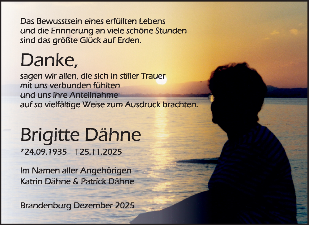  Traueranzeige für Brigitte Dähne vom 03.01.2026 aus Märkische Oderzeitung