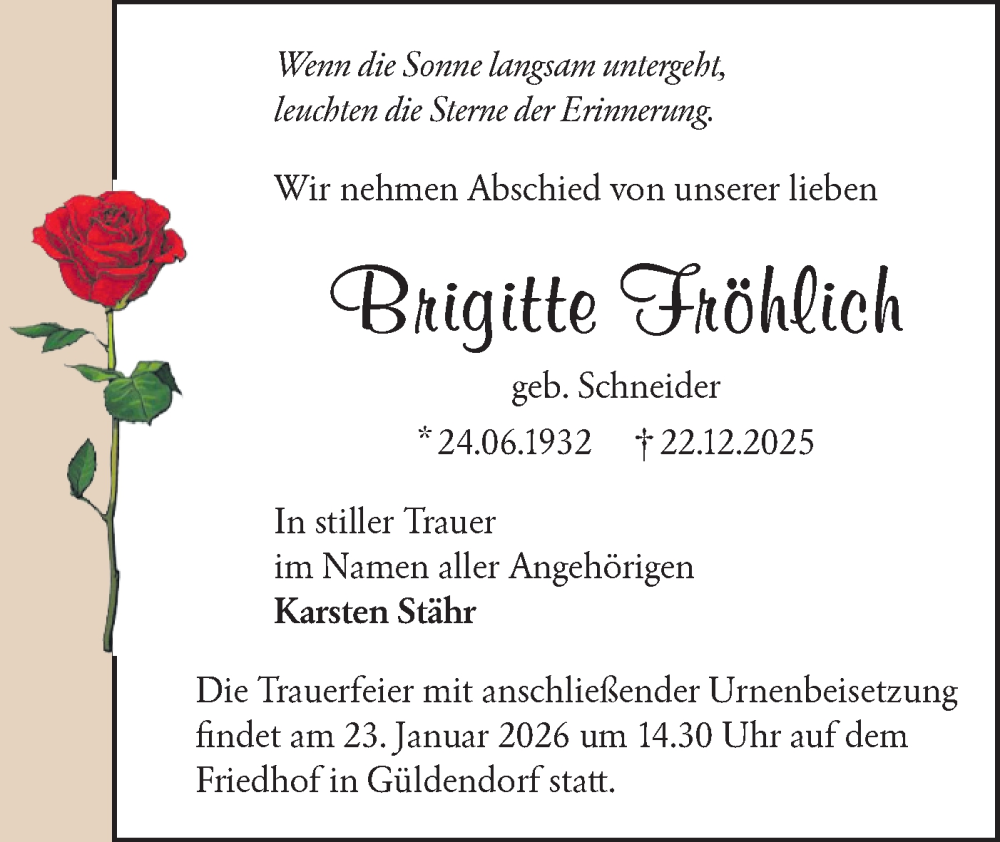  Traueranzeige für Brigitte Fröhlich vom 10.01.2026 aus Märkische Oderzeitung