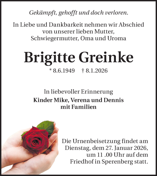 Traueranzeige von Brigitte Greinke von Blickpunkt Ludwigsfelde/Zossen