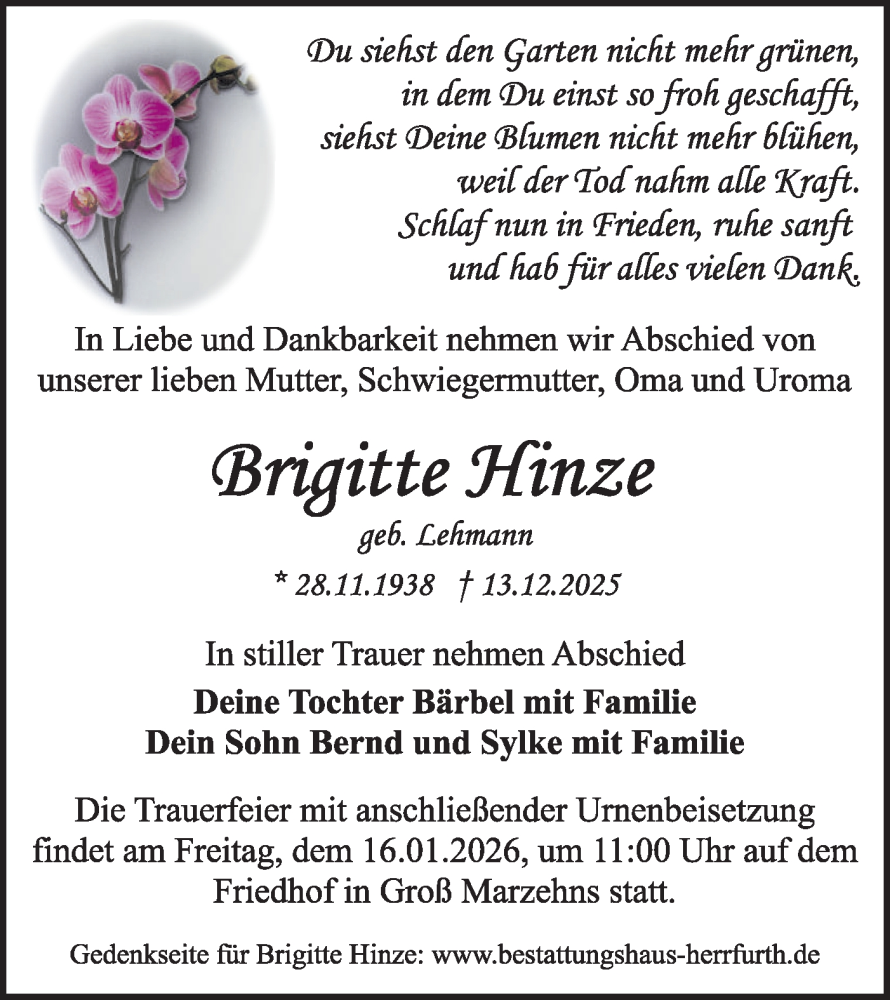  Traueranzeige für Brigitte Hinze vom 03.01.2026 aus Märkische Oderzeitung