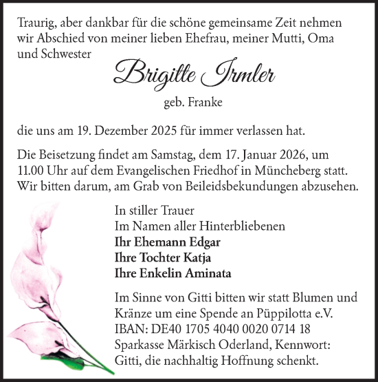 Traueranzeige von Brigitte Irmler von Märkische Oderzeitung