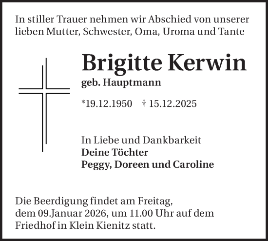 Traueranzeige von Brigitte Kerwin von Blickpunkt Ludwigsfelde/Zossen