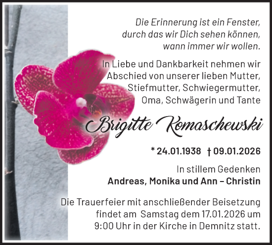 Traueranzeige von Brigitte Komaschewski von Märkische Oderzeitung