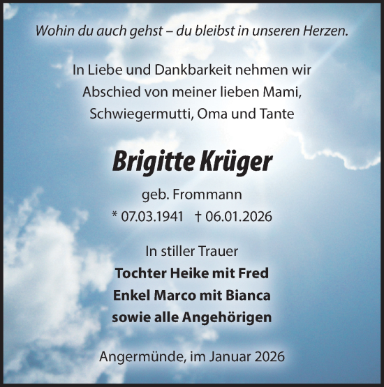 Traueranzeige von Brigitte Krüger von MO Uckerm.-Anz.