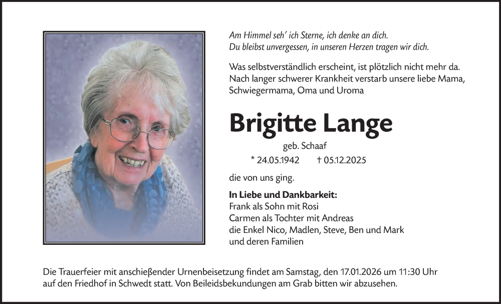  Traueranzeige für Brigitte Lange vom 06.01.2026 aus MO Uckerm.-Anz.