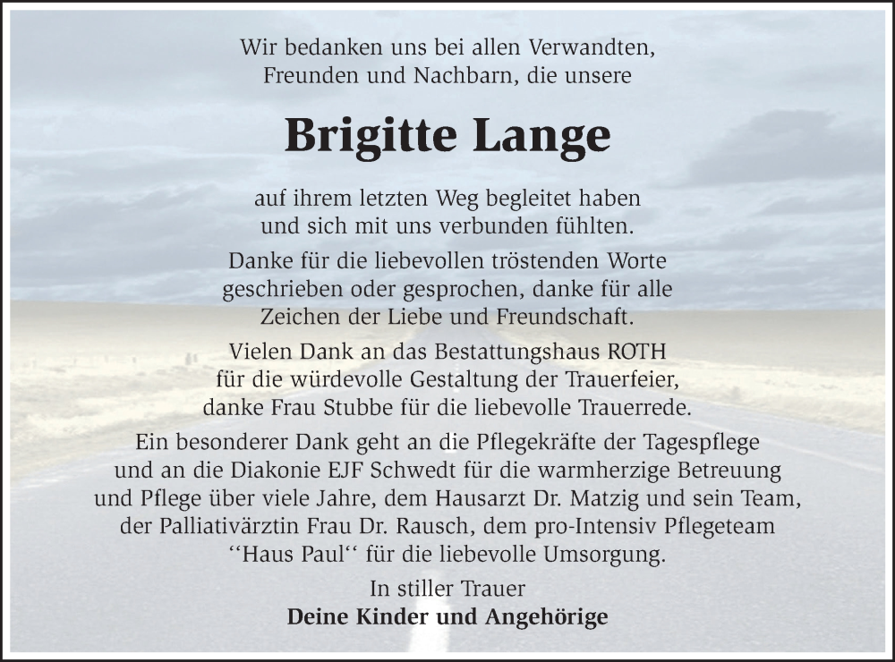  Traueranzeige für Brigitte Lange vom 31.01.2026 aus MO Uckerm.-Anz.