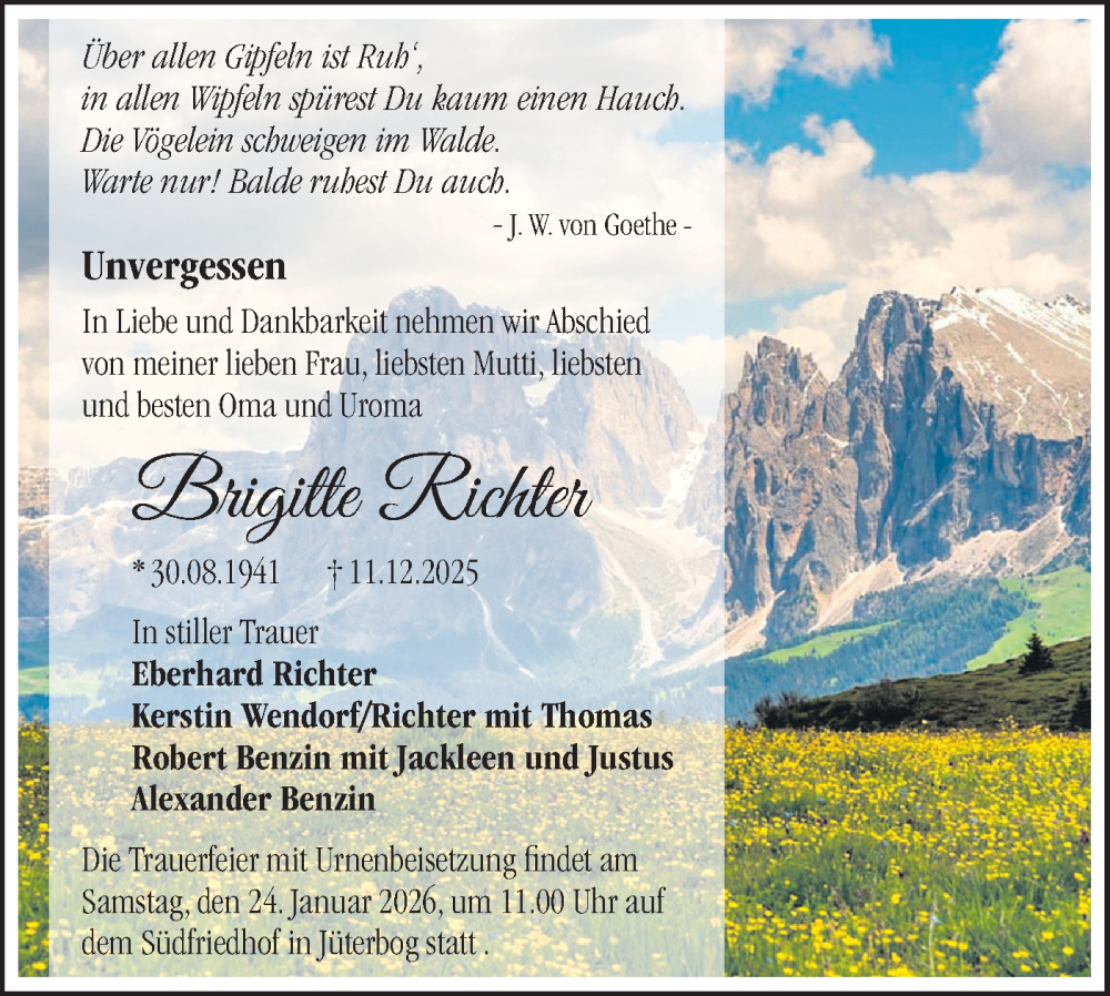  Traueranzeige für Brigitte Richter vom 03.01.2026 aus Blickpunkt Jüterbog/Luckenwalde