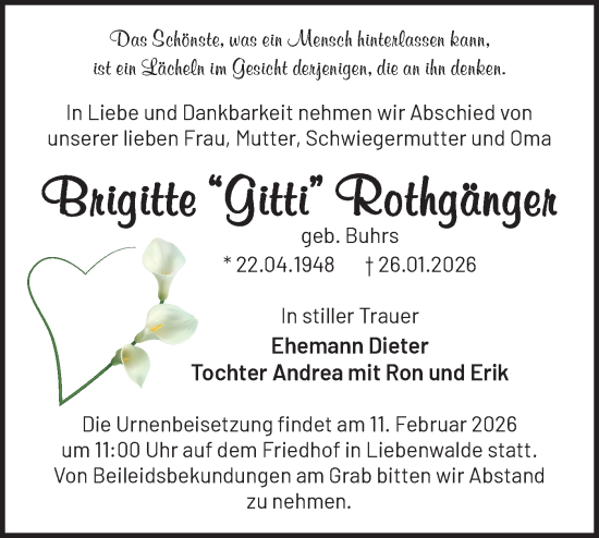 Traueranzeige von Brigitte Rothgänger von Märkische Oderzeitung