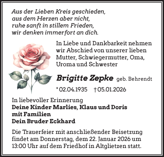 Traueranzeige von Brigitte Zepke von MO Oderld.-Echo