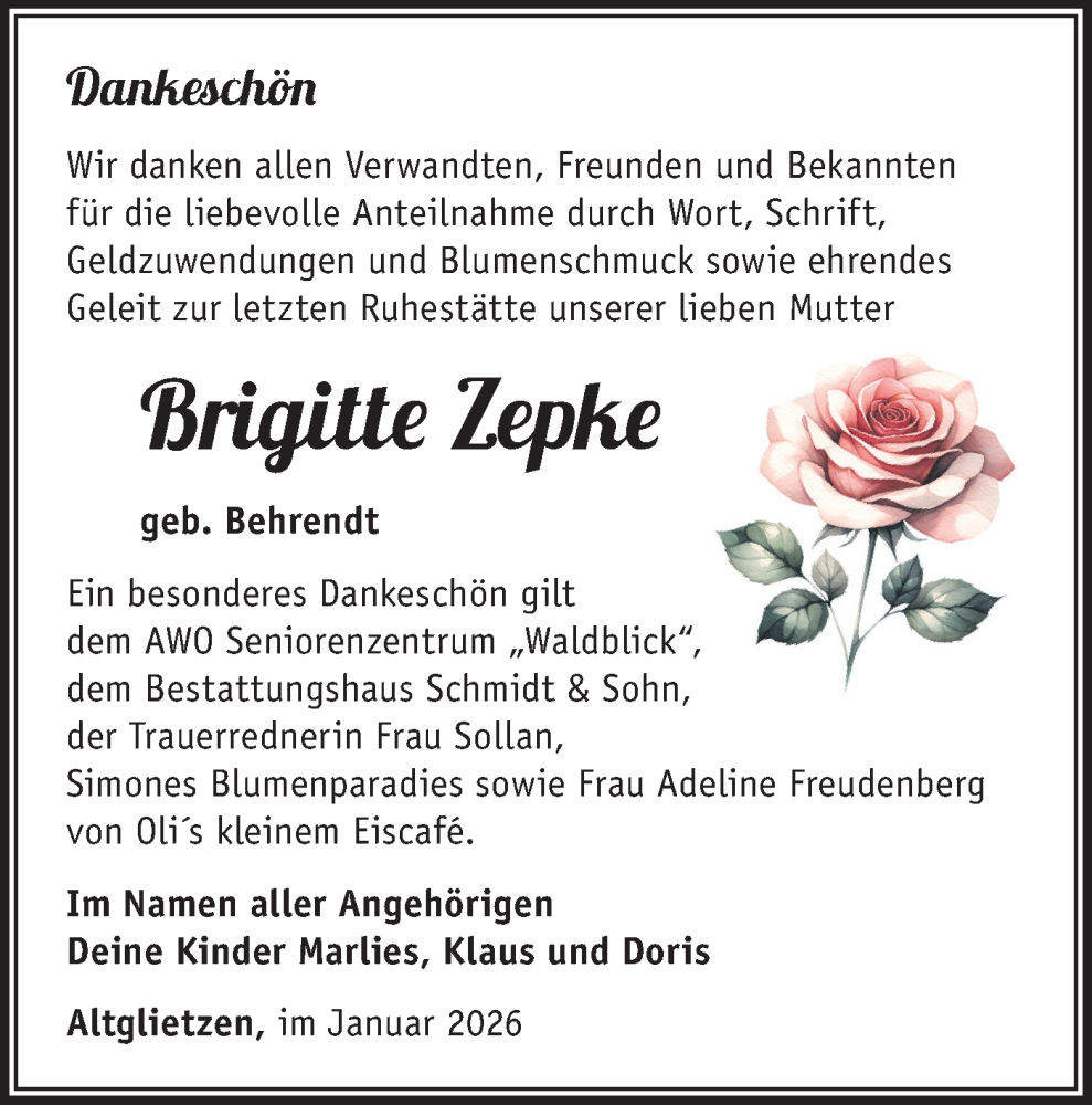  Traueranzeige für Brigitte Zepke vom 31.01.2026 aus MO Oderld.-Echo