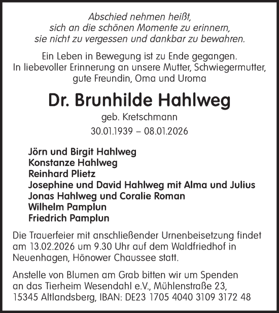 Traueranzeige von Brunhilde Hahlweg von Märkische Oderzeitung