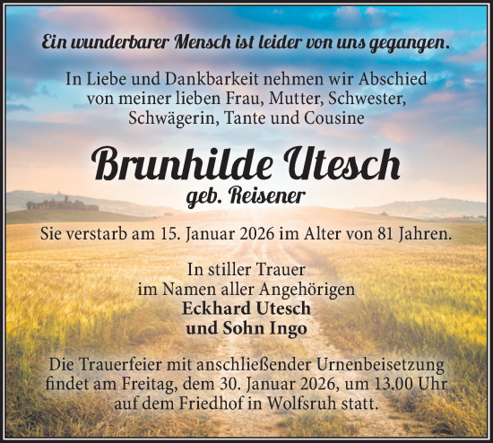 Traueranzeige von Brunhilde Utesch von Märkische Oderzeitung