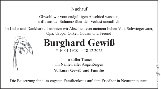 Traueranzeige von Burghard Gewiß von Märkische Oderzeitung