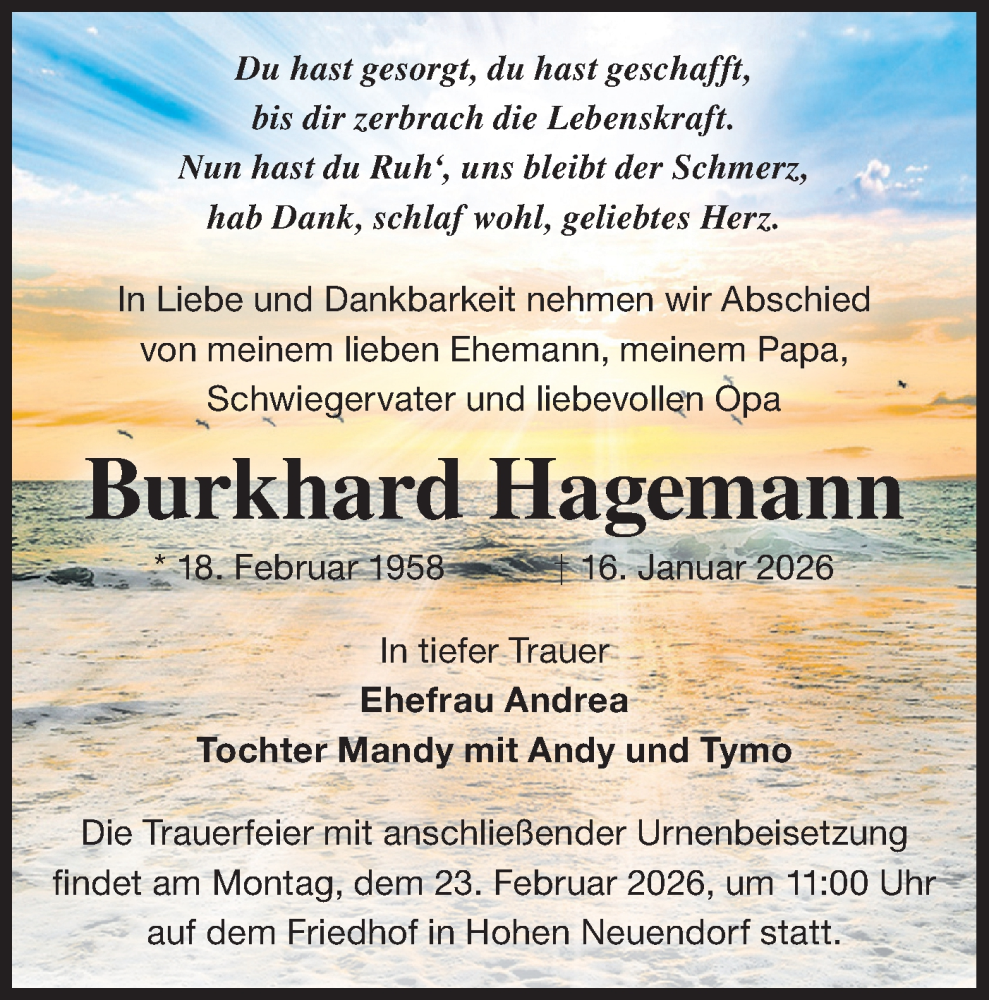  Traueranzeige für Burkhard Hagemann vom 31.01.2026 aus Märkische Oderzeitung