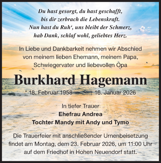 Traueranzeige von Burkhard Hagemann von Märkische Oderzeitung
