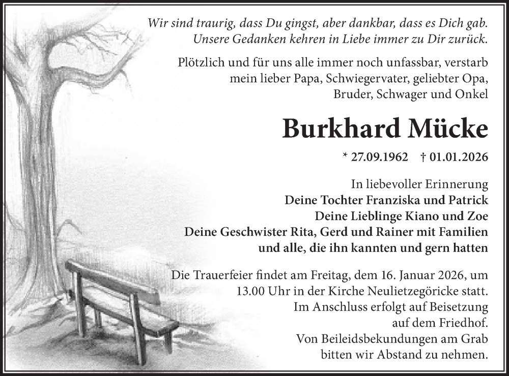  Traueranzeige für Burkhard Mücke vom 10.01.2026 aus MO Oderld.-Echo