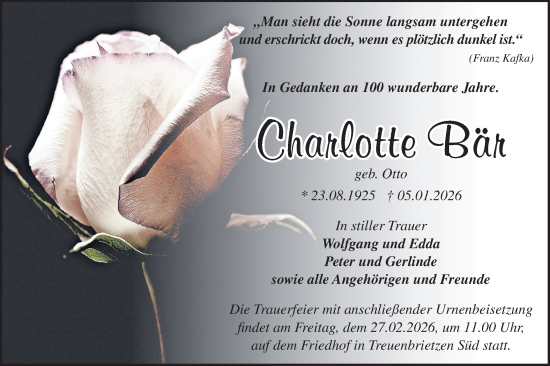 Traueranzeige von Charlotte Bär von Blickpunkt Jüterbog/Luckenwalde