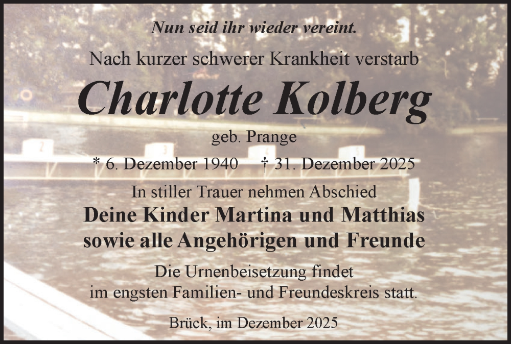  Traueranzeige für Charlotte Kolberg vom 10.01.2026 aus Märkische Oderzeitung