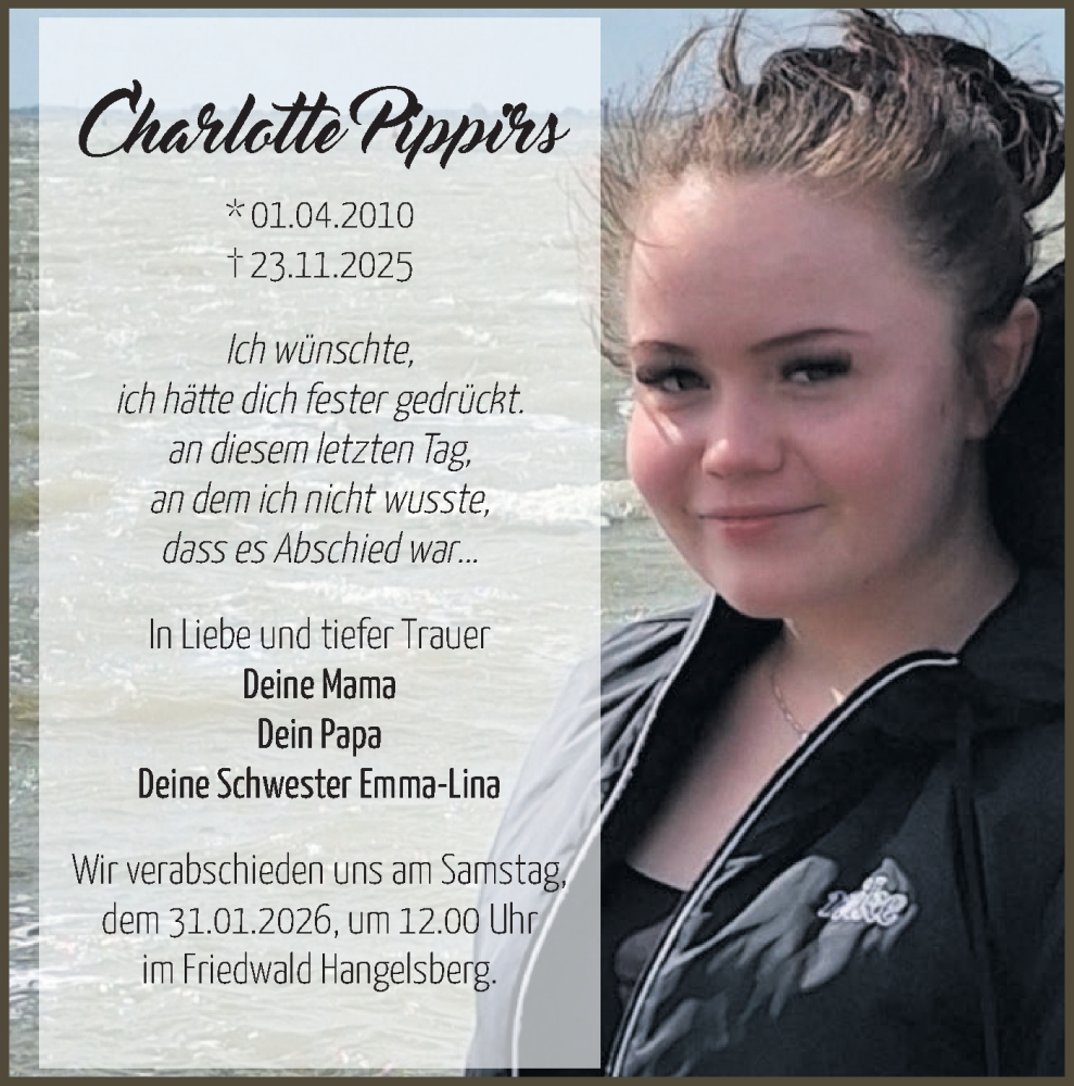  Traueranzeige für Charlotte Pippirs vom 10.01.2026 aus Märkische Oderzeitung