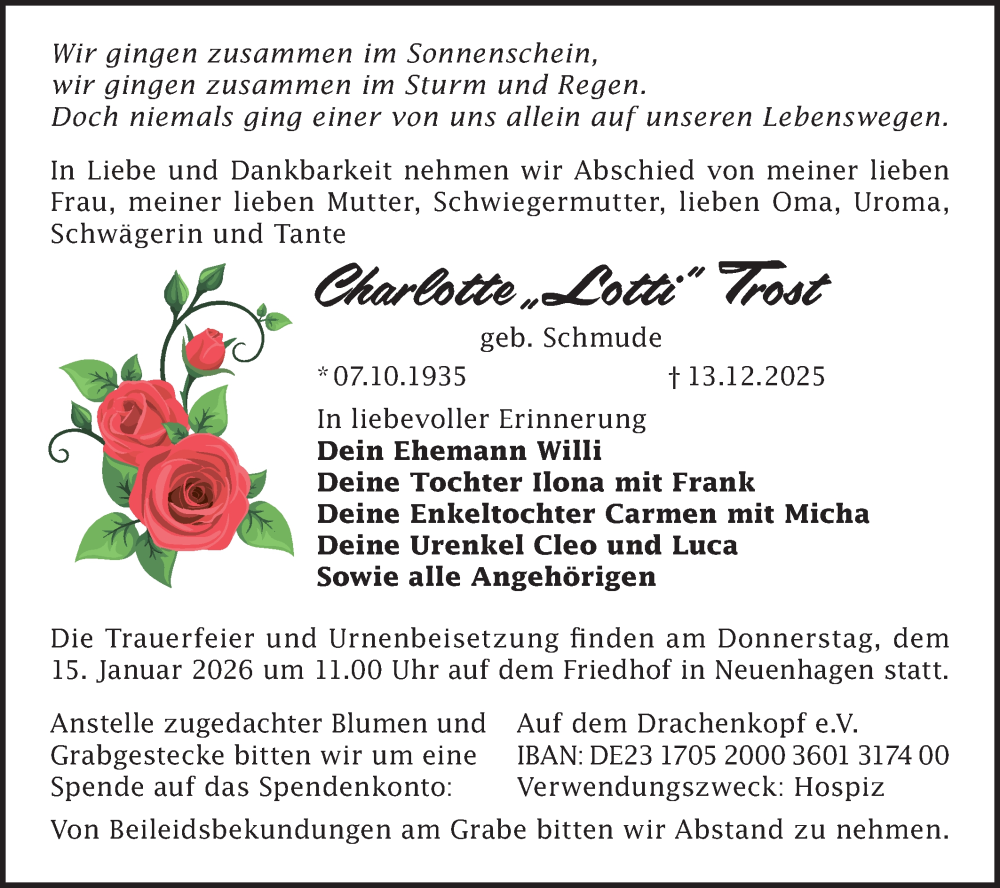  Traueranzeige für Charlotte Trost vom 03.01.2026 aus MO Oderld.-Echo