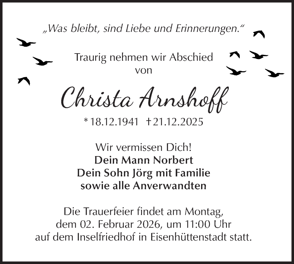  Traueranzeige für Christa Arnshoff vom 24.01.2026 aus Märkische Oderzeitung