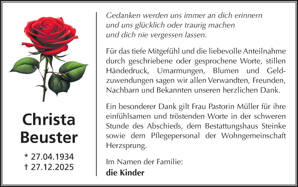  Traueranzeige für Christa Beuster vom 17.01.2026 aus Märkische Oderzeitung