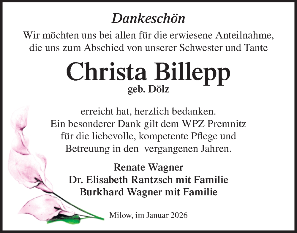  Traueranzeige für Christa Billepp vom 31.01.2026 aus Märkische Oderzeitung