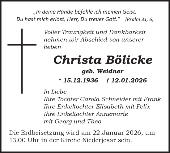 Traueranzeige von Christa Bölicke von MO Oderld.-Echo