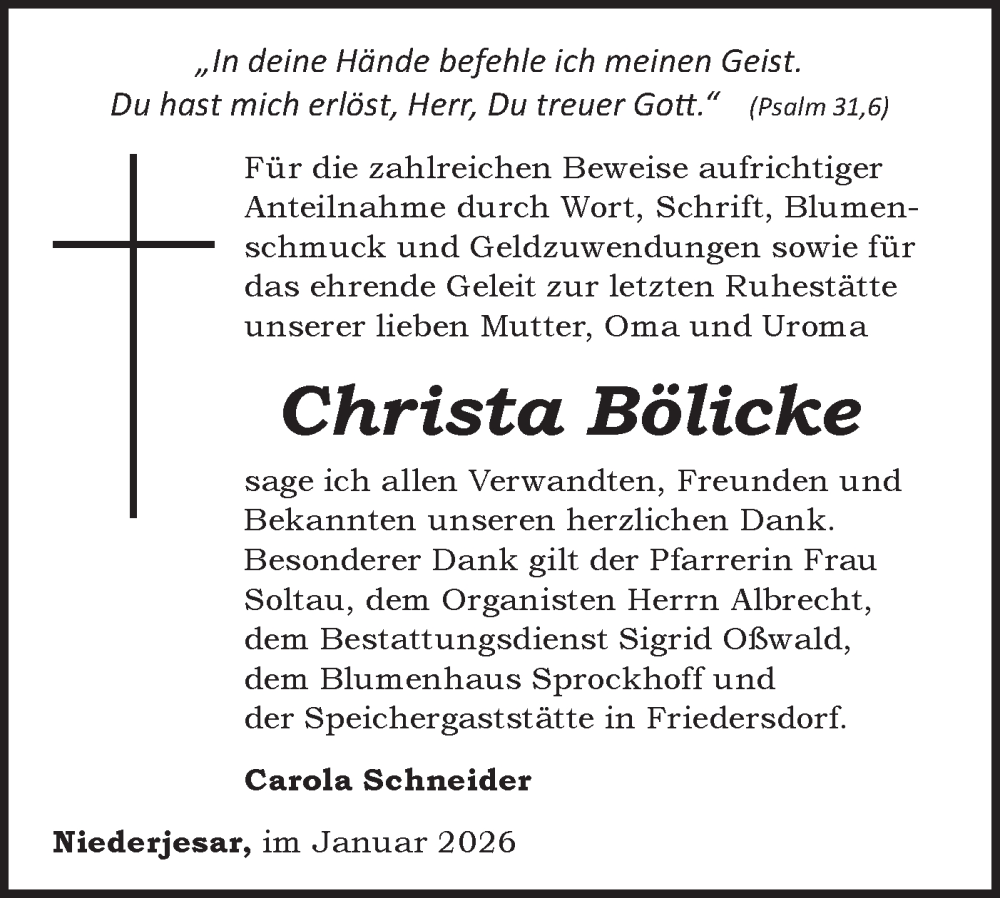  Traueranzeige für Christa Bölicke vom 31.01.2026 aus MO Oderld.-Echo