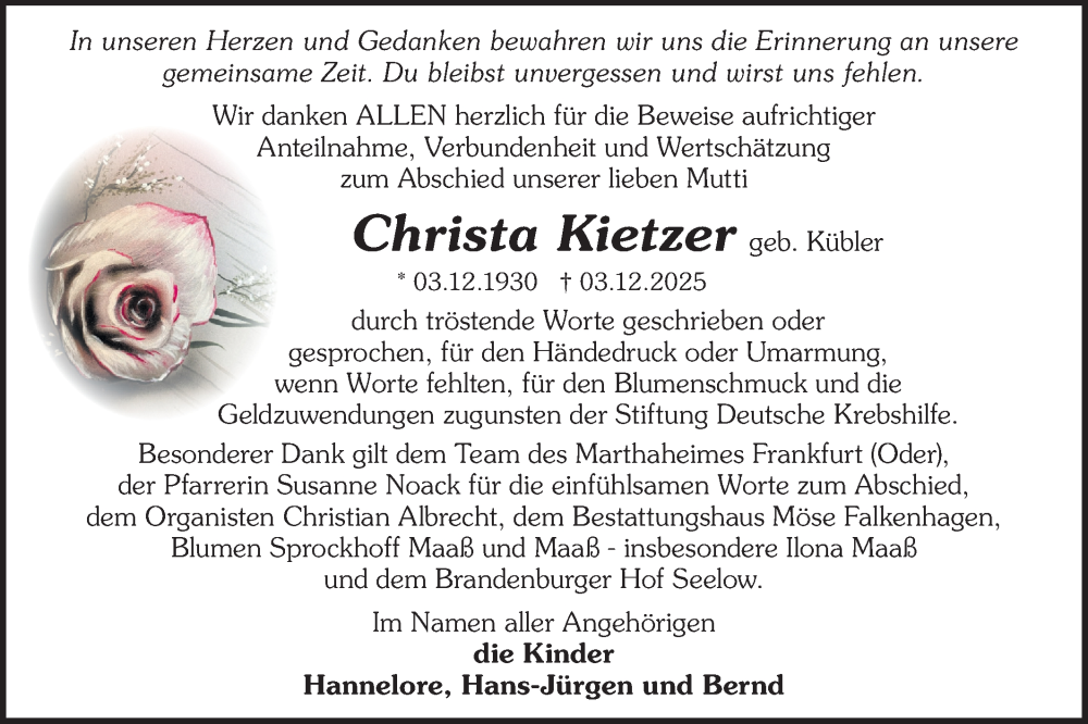  Traueranzeige für Christa Kietzer vom 24.01.2026 aus MO Oderld.-Echo