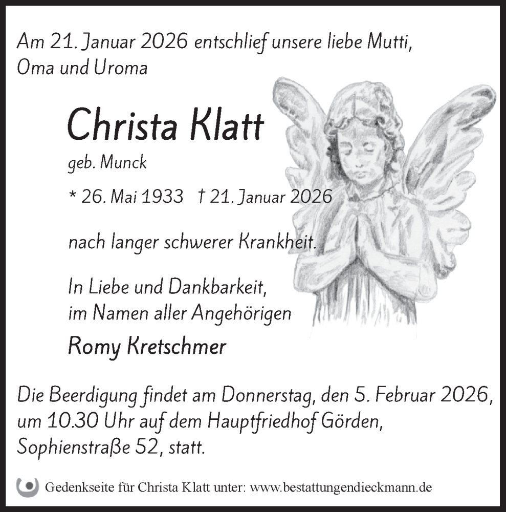  Traueranzeige für Christa Klatt vom 31.01.2026 aus Märkische Oderzeitung