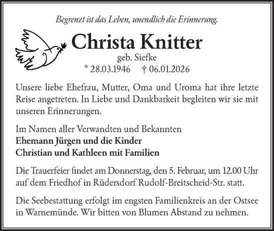 Traueranzeige von Christa Knitter von Märkische Oderzeitung