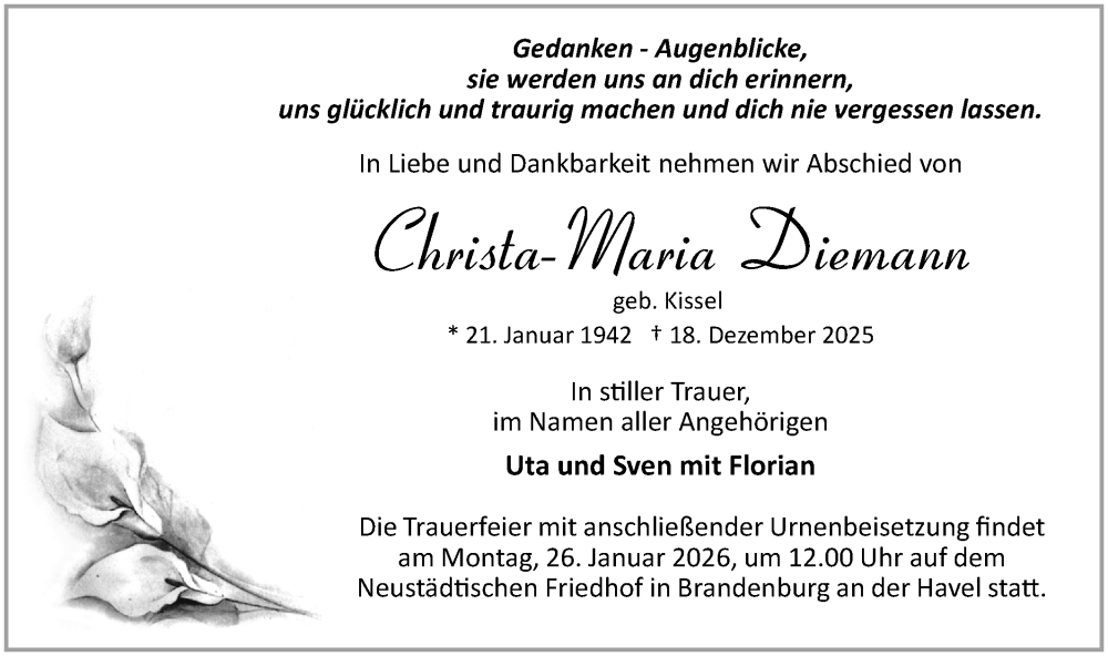  Traueranzeige für Christa-Maria Diemann vom 10.01.2026 aus Märkische Oderzeitung