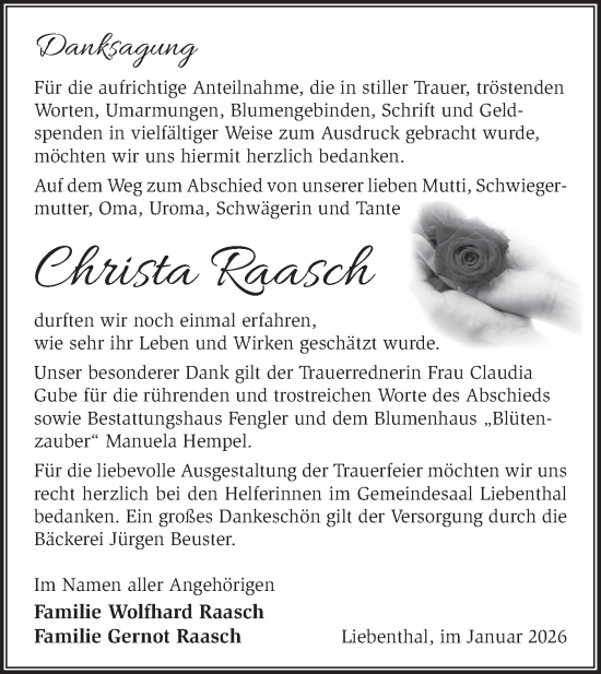 Traueranzeige von Christa Raasch von Märkische Oderzeitung