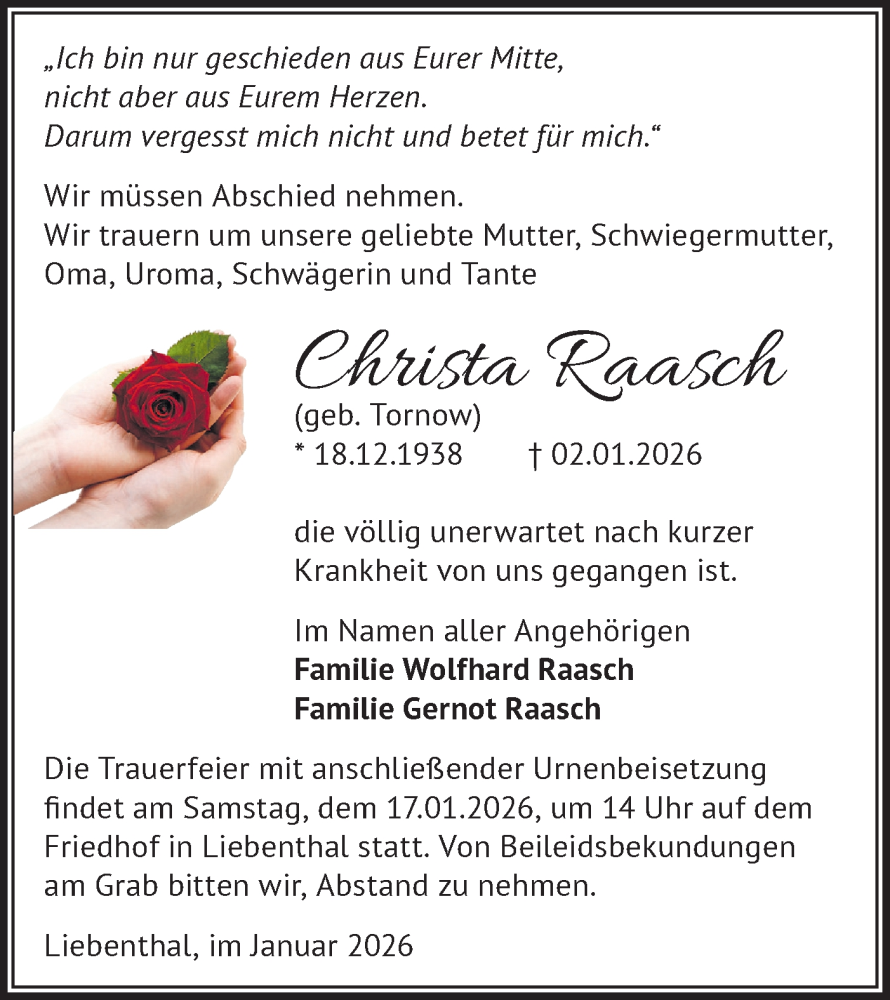  Traueranzeige für Christa Raasch vom 10.01.2026 aus Märkische Oderzeitung