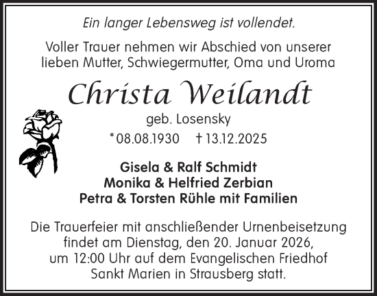 Traueranzeige von Christa Weilandt von Märkische Oderzeitung