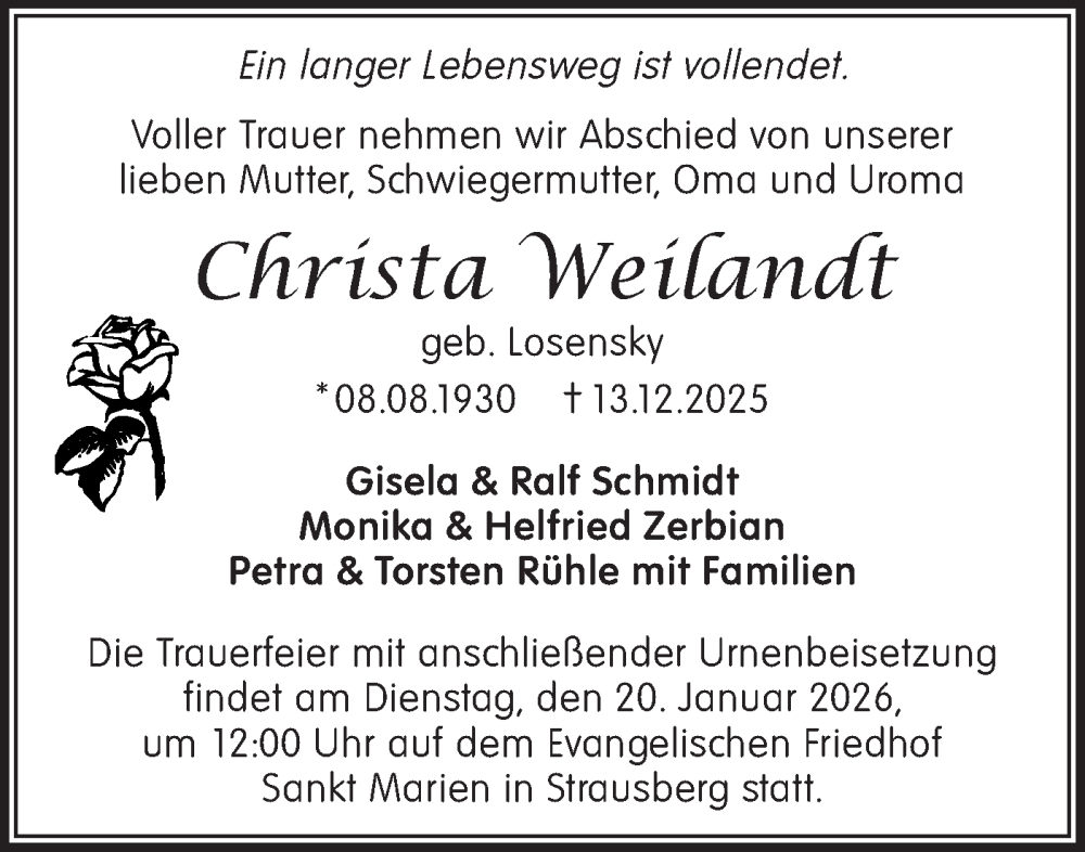  Traueranzeige für Christa Weilandt vom 10.01.2026 aus Märkische Oderzeitung