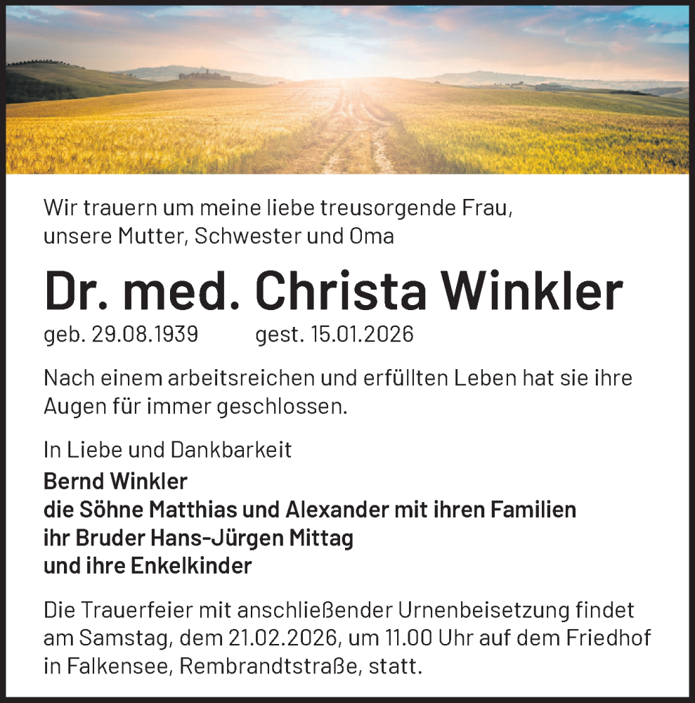  Traueranzeige für Christa Winkler vom 31.01.2026 aus Märkische Oderzeitung