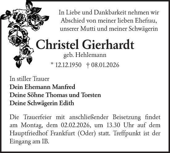 Traueranzeige von Christel Gierhardt von Märkische Oderzeitung