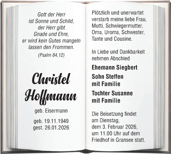 Traueranzeige von Christel Hoffmann von Märkische Oderzeitung