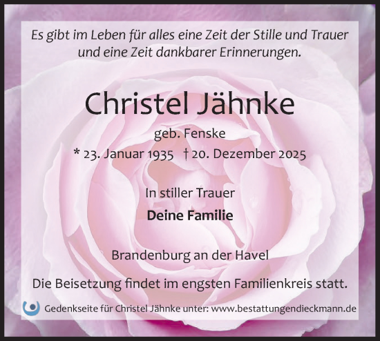 Traueranzeige von Christel Jähnke von Märkische Oderzeitung