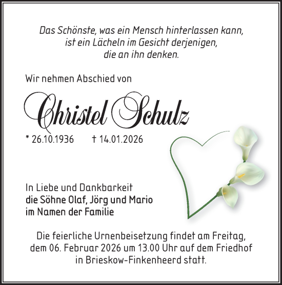 Traueranzeige von Christel Schulz von Märkische Oderzeitung