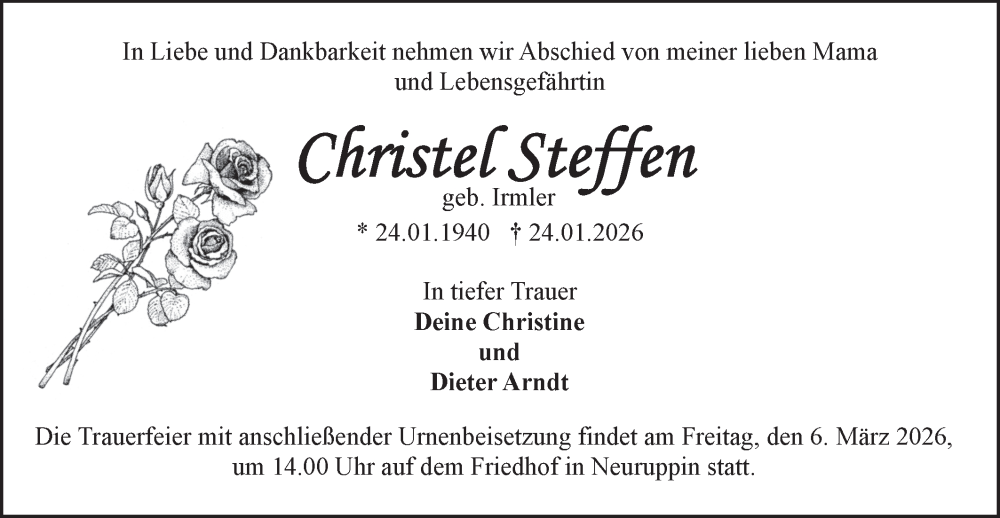  Traueranzeige für Christel Steffen vom 31.01.2026 aus Märkische Oderzeitung