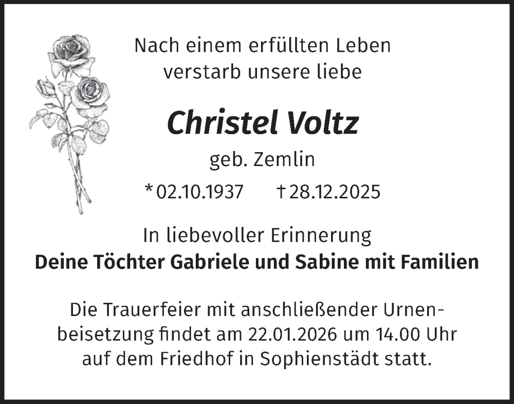  Traueranzeige für Christel Voltz vom 10.01.2026 aus Märkische Oderzeitung