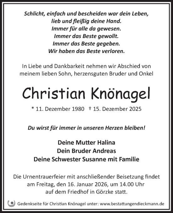 Traueranzeige von Christian Knönagel von Märkische Oderzeitung