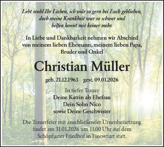 Traueranzeige von Christian Müller von Märkische Oderzeitung