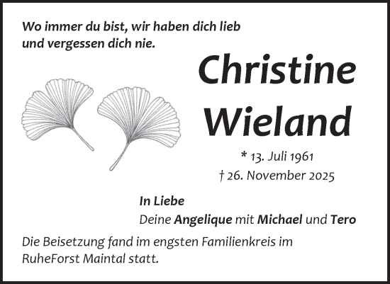 Traueranzeige von Christine Wieland von Märkische Oderzeitung