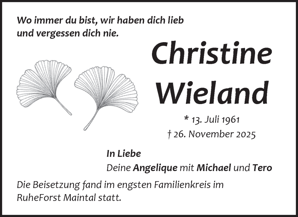  Traueranzeige für Christine Wieland vom 17.01.2026 aus Märkische Oderzeitung