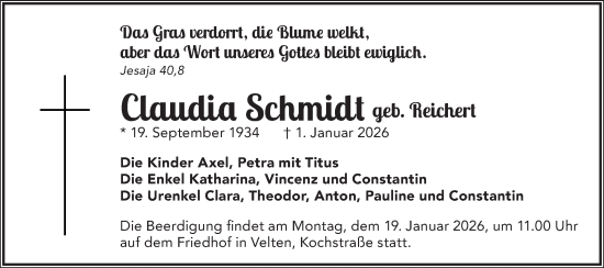 Traueranzeige von Claudia Schmidt von Märkische Oderzeitung