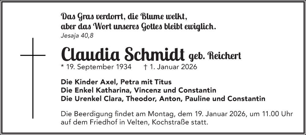  Traueranzeige für Claudia Schmidt vom 10.01.2026 aus Märkische Oderzeitung